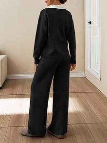 SHEIN PETITE WOMEN SOFT TOUCH POLO NECK SWEATER AND SWEATER PANT Two Pieces OUTFİT CO-ORDS COOL - Black - View 3