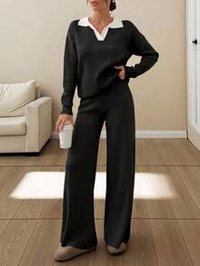 SHEIN PETITE WOMEN SOFT TOUCH POLO NECK SWEATER AND SWEATER PANT Two Pieces OUTFİT CO-ORDS COOL - Black - View 5