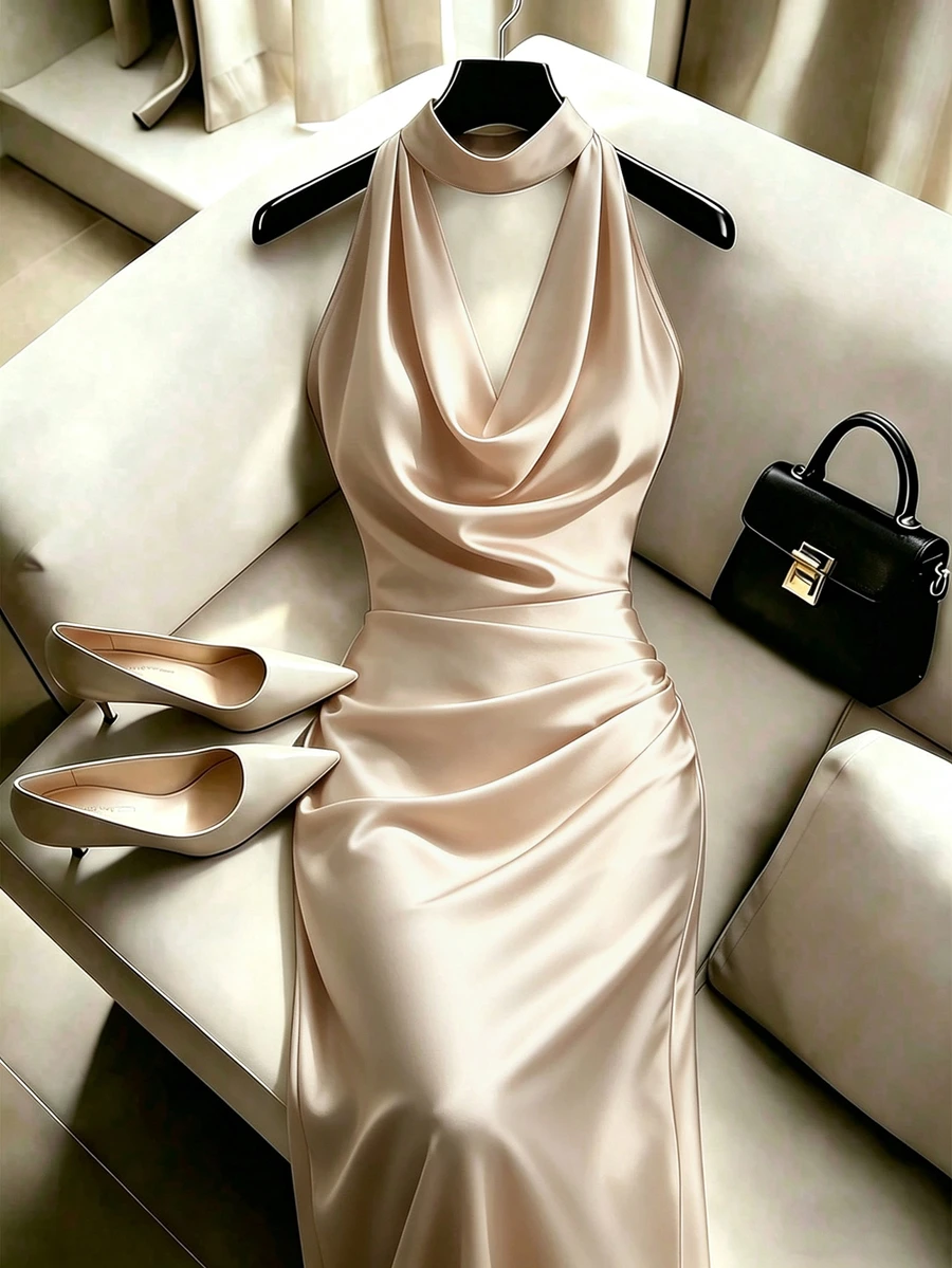SHEIN Franclia Women's Solid Color Cowl Neck Pleated Fitted Draped Neck Elegant Dress - Apricot - View 1