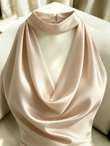 SHEIN Franclia Women's Solid Color Cowl Neck Pleated Fitted Draped Neck Elegant Dress - Apricot - View 4
