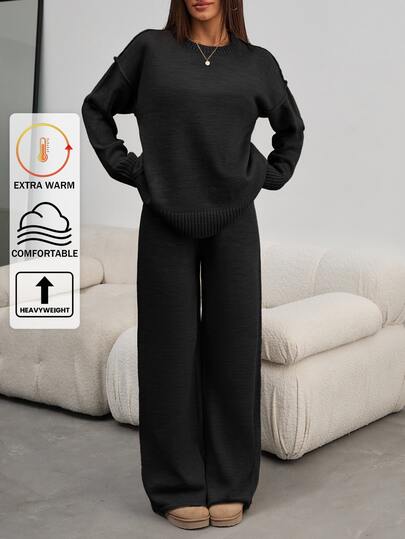 SHEIN Cottnline Жіночий повсякденний комплект Plus size з 2 предметів: вільний однотонний чорний в'язаний светр у рубчик із круглим вирізом та довгі штани, формальний домашній одяг на зиму