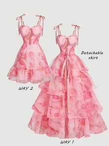 SHEIN MOD Plus Size Summer Elegant Marble Print Spaghetti Strap Dress With Tiered Skirt - Pink - View 2