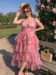 SHEIN MOD Plus Size Summer Elegant Marble Print Spaghetti Strap Dress With Tiered Skirt - Pink - View 5