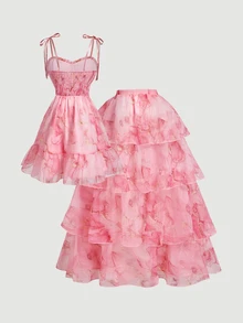 SHEIN MOD Plus Size Summer Elegant Marble Print Spaghetti Strap Dress With Tiered Skirt - Pink - View 15