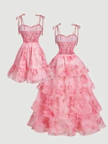 SHEIN MOD Plus Size Summer Elegant Marble Print Spaghetti Strap Dress With Tiered Skirt - Pink - View 3