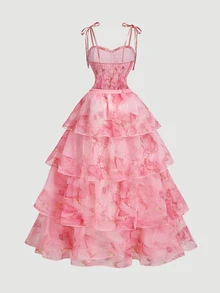SHEIN MOD Plus Size Summer Elegant Marble Print Spaghetti Strap Dress With Tiered Skirt - Pink - View 14