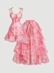 SHEIN MOD Plus Size Summer Elegant Marble Print Spaghetti Strap Dress With Tiered Skirt - Pink - View 16