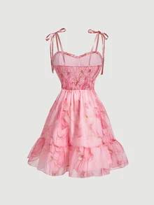 SHEIN MOD Plus Size Summer Elegant Marble Print Spaghetti Strap Dress With Tiered Skirt - Pink - View 10