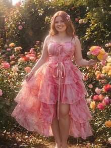 SHEIN MOD Plus Size Summer Elegant Marble Print Spaghetti Strap Dress With Tiered Skirt - Pink - View 1