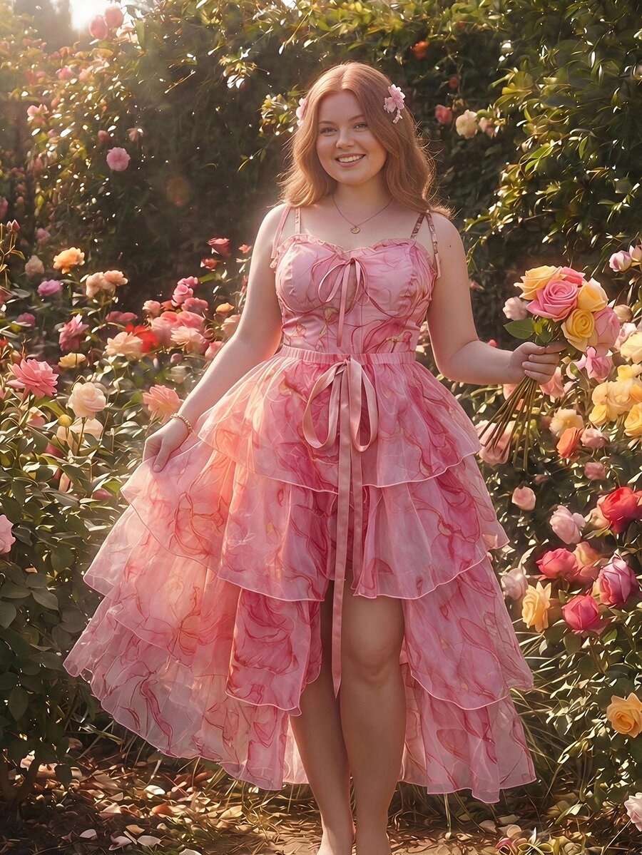 SHEIN MOD Plus Size Summer Elegant Marble Print Spaghetti Strap Dress With Tiered Skirt - Pink - View 1