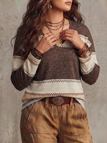 SHEIN LUNE Áo thun tay dài cổ chữ V họa tiết da báo phong cách thường ngày size lớn cho mùa thu - Nhiều màu - Xem 3