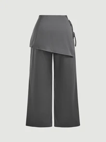 SHEIN MOD Plus Size Beaded Decor Asymmetric Layered 2 In 1 Pants - Grey - View 3