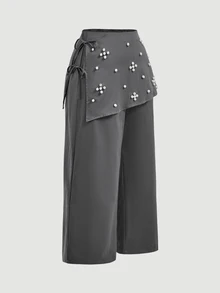 SHEIN MOD Plus Size Beaded Decor Asymmetric Layered 2 In 1 Pants - Grey - View 6