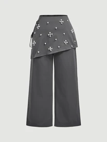 SHEIN MOD Plus Size Beaded Decor Asymmetric Layered 2 In 1 Pants - Grey - View 2