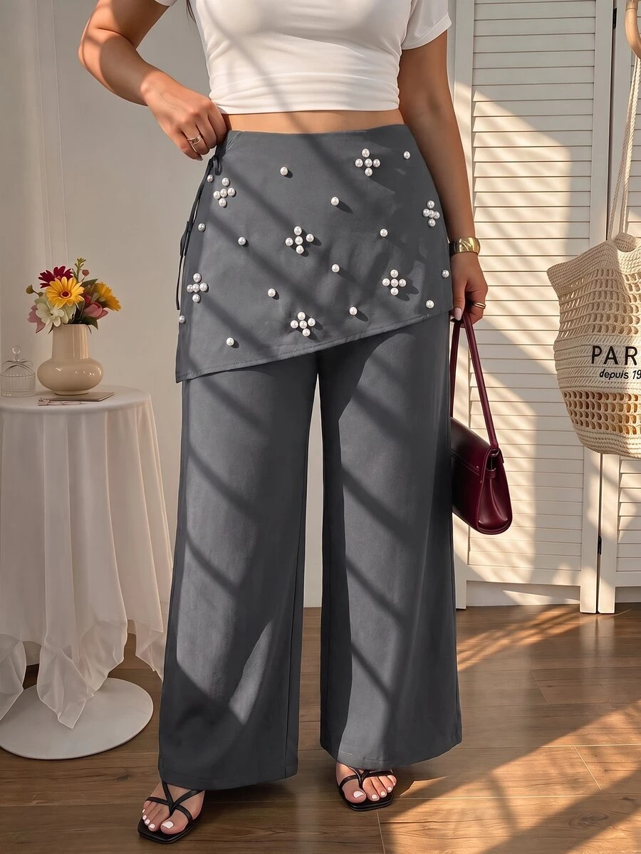 SHEIN MOD Plus Size Beaded Decor Asymmetric Layered 2 In 1 Pants - Grey - View 1