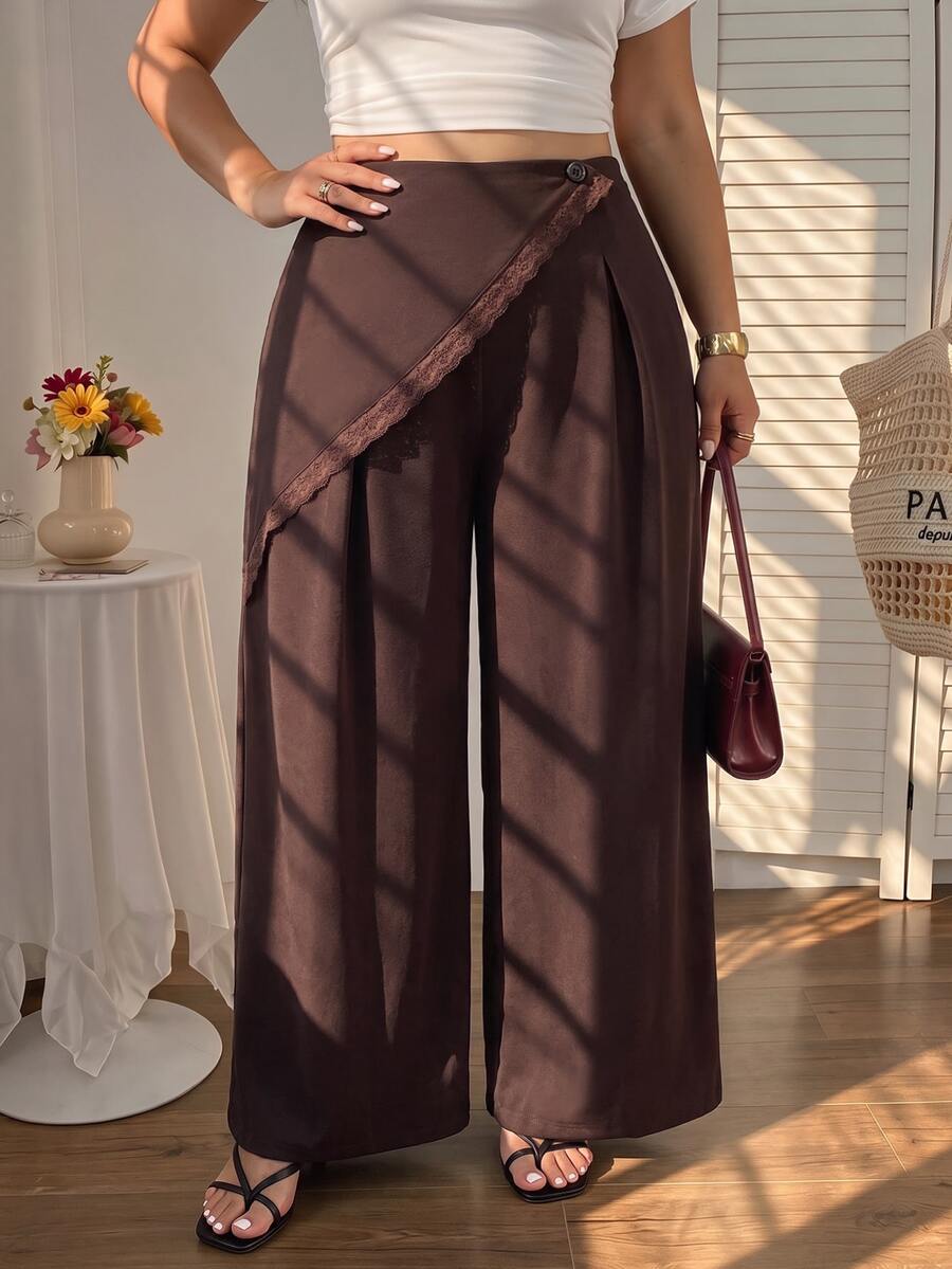 SHEIN MOD Plus Size Full Length Brown Sleeveless Woven Wide Leg Solid Lace Trim Fall Casual Boho Pants Straight Leg Pants - Brown - View 1