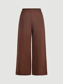 SHEIN MOD Plus Size Full Length Brown Sleeveless Woven Wide Leg Solid Lace Trim Fall Casual Boho Pants Straight Leg Pants - Brown - View 3