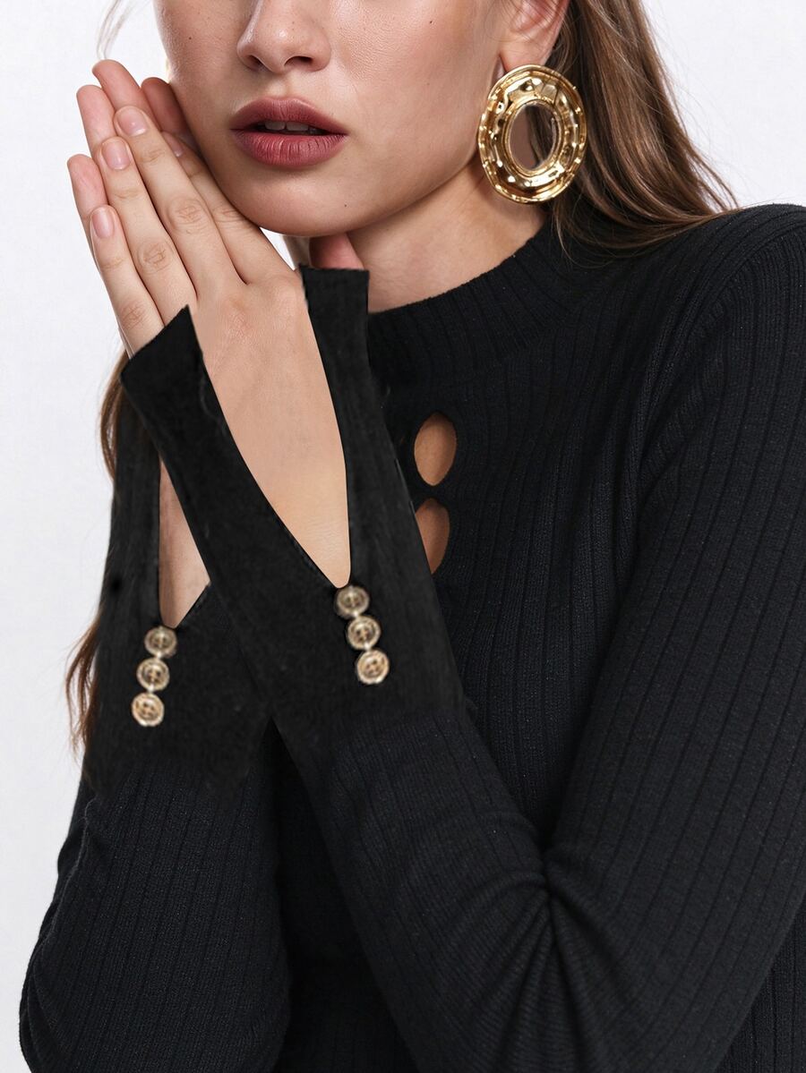 SHEIN LUNE Plus Size Women Solid Color Casual Versatile Daily Wear Long Sleeve Sweater - Black - View 1