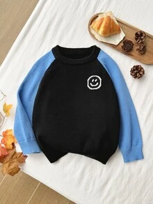 4-7歲男孩秋冬圓領毛衣，拼色插肩袖笑臉提花針織套頭休閒毛衣 - 黑色 - 查看 6