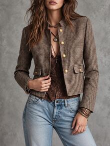 SHEIN Women's French-Style Plaid Jacket, Stand Collar & Metal Buttons, Structured Shoulder Fit, Relaxed Elegant Design For Office & Commuting, Fall/Winter - Coffee Brown - View 3