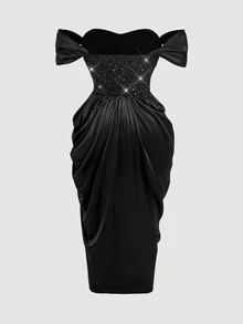 SHEIN MOD Plus Size Women Off-Shoulder Shiny Ruched Casual Party Dress - Black - View 3
