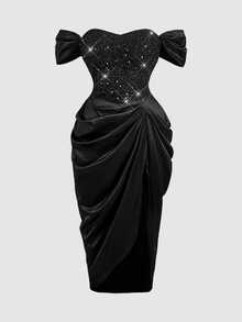 SHEIN MOD Plus Size Women Off-Shoulder Shiny Ruched Casual Party Dress - Black - View 2