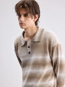 Manfinity CasualKnits 男士時尚休閒毛衣，對比色條紋翻領設計，學院風休閒秋季上衣，適合日常穿著、休閒、度假 - 彩色 - 查看 7