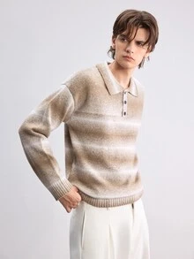 Manfinity CasualKnits 男士時尚休閒毛衣，對比色條紋翻領設計，學院風休閒秋季上衣，適合日常穿著、休閒、度假 - 彩色 - 查看 6
