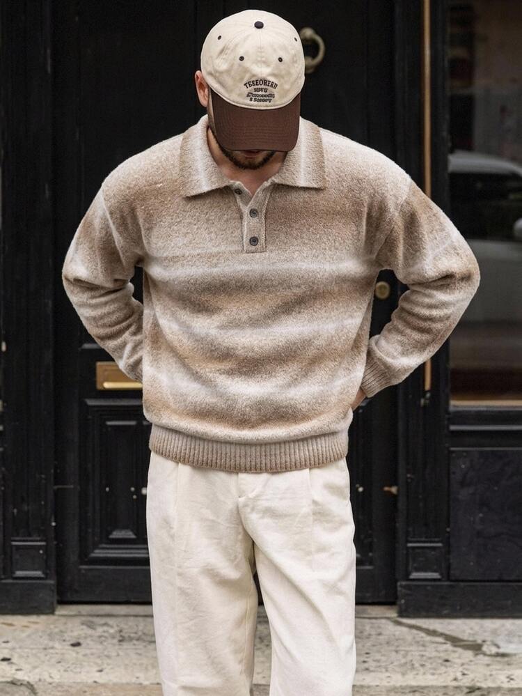 Manfinity CasualKnits Men's Fashion Casual Sweater With Contrast Color Stripes And Turn-Down Collar Preppy Casual Autumn Top, Suitable For Daily Wear, Leisure, Vacation, - Multicolor - View 1