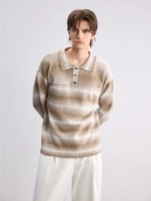 Manfinity CasualKnits 男士時尚休閒毛衣，對比色條紋翻領設計，學院風休閒秋季上衣，適合日常穿著、休閒、度假 - 彩色 - 查看 4