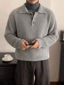Manfinity CasualKnits 男士毛絨長袖半開襟休閒時尚毛衣，學院風休閒秋季上衣，適合日常穿著、休閒、度假 - 灰色 - 查看 2