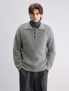 Manfinity CasualKnits 男士毛絨長袖半開襟休閒時尚毛衣，學院風休閒秋季上衣，適合日常穿著、休閒、度假 - 灰色 - 查看 6