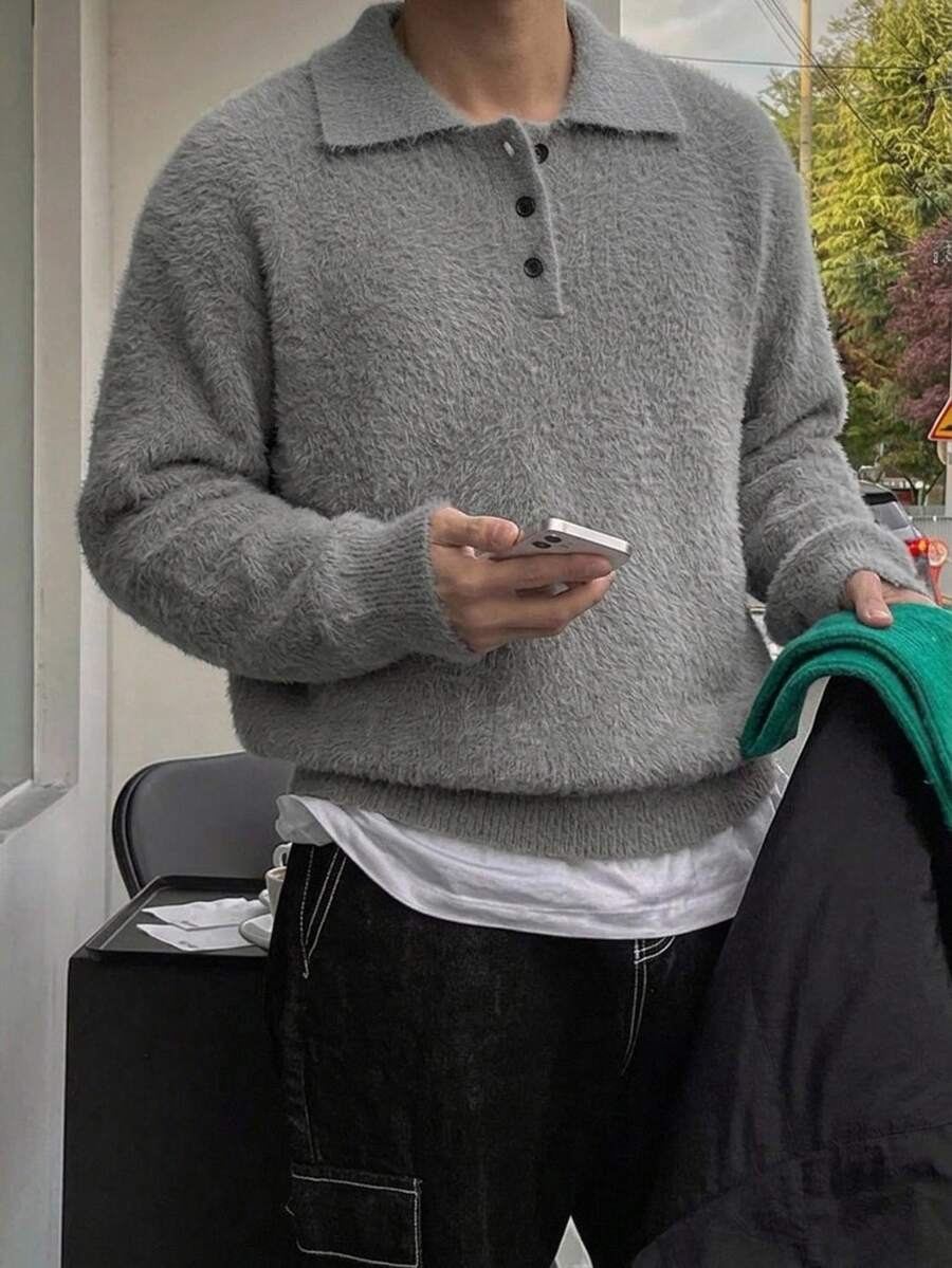 Manfinity CasualKnits 男士毛絨長袖半開襟休閒時尚毛衣，學院風休閒秋季上衣，適合日常穿著、休閒、度假 - 灰色 - 查看 1