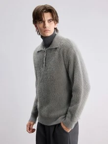 Manfinity CasualKnits 男士毛絨長袖半開襟休閒時尚毛衣，學院風休閒秋季上衣，適合日常穿著、休閒、度假 - 灰色 - 查看 4