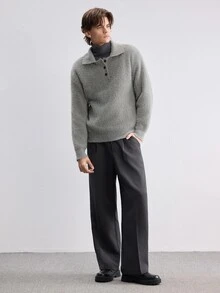 Manfinity CasualKnits 男士毛絨長袖半開襟休閒時尚毛衣，學院風休閒秋季上衣，適合日常穿著、休閒、度假 - 灰色 - 查看 7