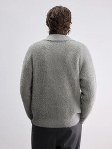 Manfinity CasualKnits 男士毛絨長袖半開襟休閒時尚毛衣，學院風休閒秋季上衣，適合日常穿著、休閒、度假 - 灰色 - 查看 3