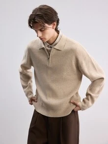 Manfinity Hypemode 男士純色半拉鍊 Polo 領時尚高級長袖針織衫，學院風休閒秋季上衣，男女皆宜，適合日常穿著 - 杏色 - 查看 4