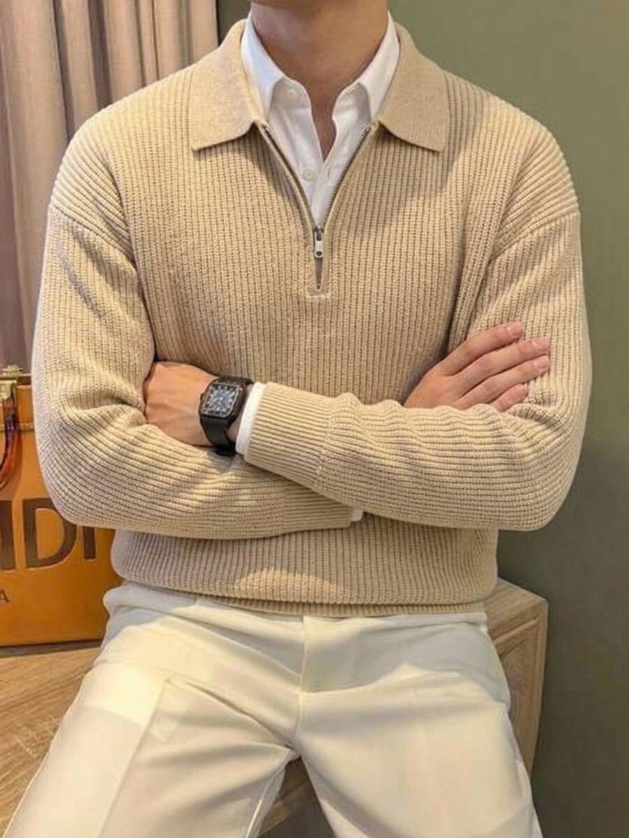 Manfinity Hypemode 男士純色半拉鍊 Polo 領時尚高級長袖針織衫,學院風休閒秋季上衣,男女皆宜,適合日常穿著 - 杏色 - 查看 1