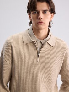 Manfinity Hypemode 男士純色半拉鍊 Polo 領時尚高級長袖針織衫，學院風休閒秋季上衣，男女皆宜，適合日常穿著 - 杏色 - 查看 8