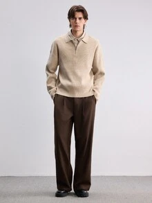 Manfinity Hypemode 男士純色半拉鍊 Polo 領時尚高級長袖針織衫，學院風休閒秋季上衣，男女皆宜，適合日常穿著 - 杏色 - 查看 6