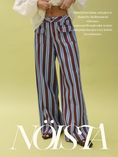 Nöista Blue And White Striped Wide-Leg Pants With Patch Pockets, Office Wear, Business Casual, Fall Style Vintage Y2K