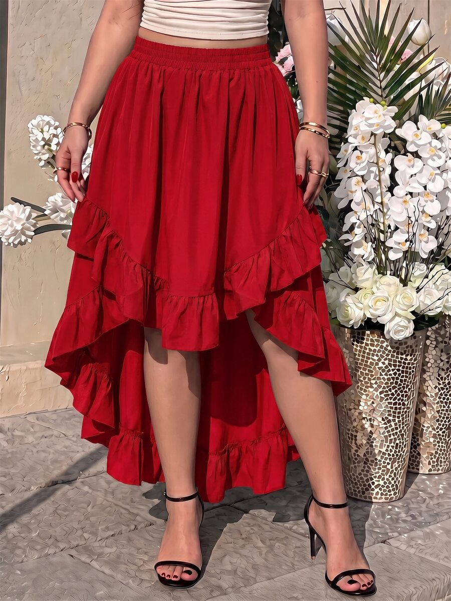 SHEIN MOD Plus Size Women's Black Ruffle Skirt, Vintage Black Layered Skirt - Red - View 1