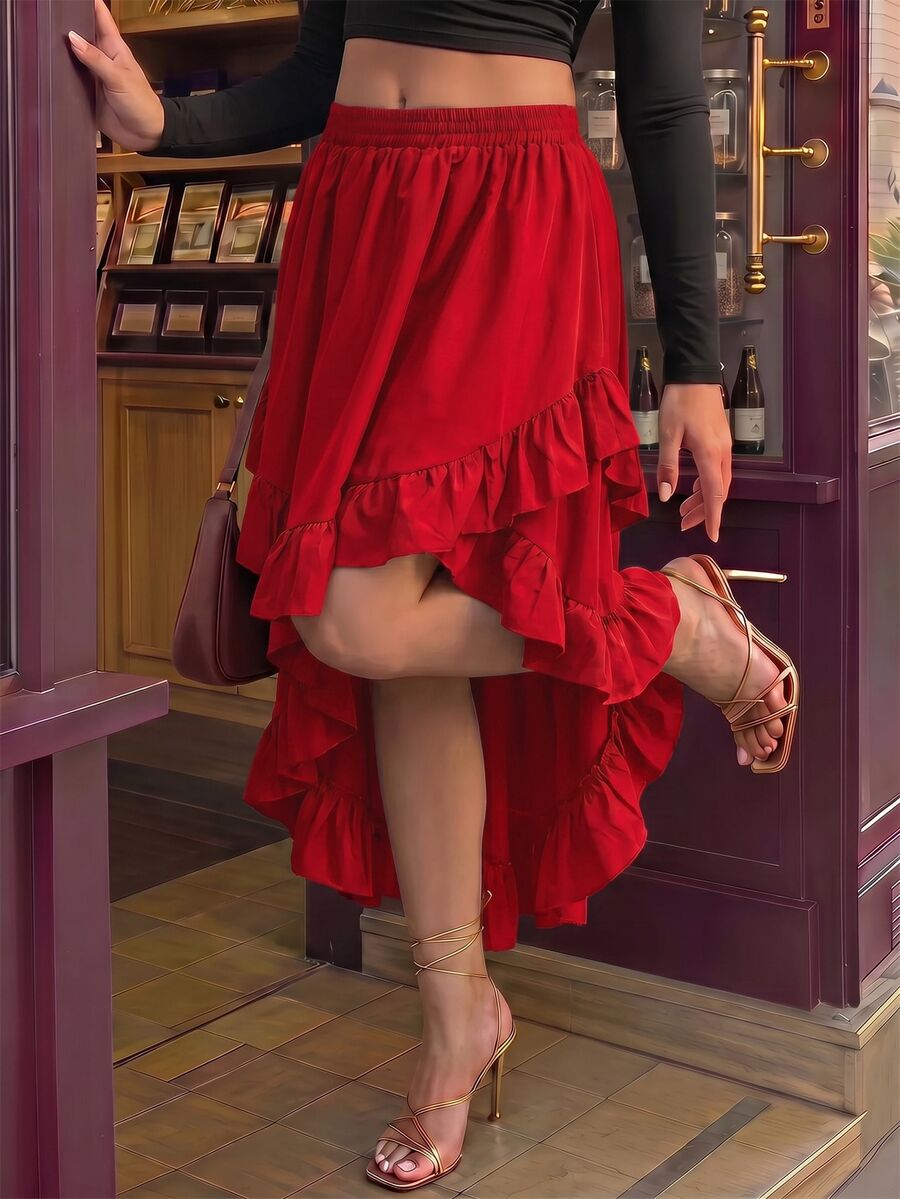 SHEIN MOD 大尺碼女款黑色荷葉邊裙,復古黑色層次裙 - 紅色 - 查看 1