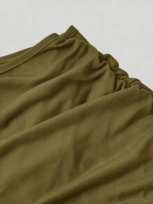 SHEIN MOD 大尺碼女款純色不對稱領喇叭袖網紗拼接迷你洋裝 秋季 - 軍綠色 - 查看 4