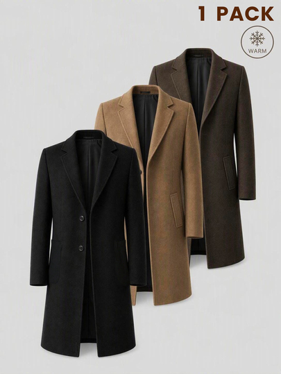 AKNOTIC Men's Wool Long Thick Coat, Warm Solid Black, Vintage Style, Suitable For Autumn/Winter Commute, Holiday, Outing, Office, Concert, Party, Fashionable, Teacher, Father, Boyfriend, Son