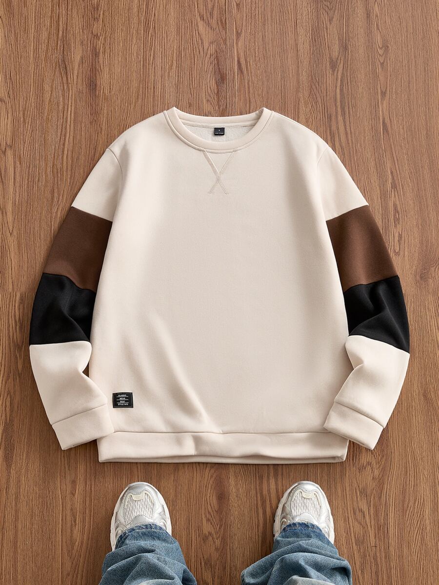 SWAVVY Men's Colorblock Casual Versatile Daily Wear Long Sleeve Sweatshirt - Apricot - View 1