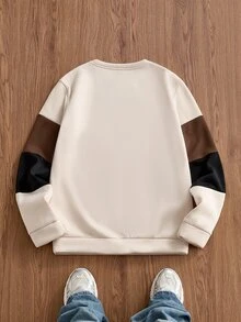 SWAVVY 男士拼色休閒百搭日常穿著長袖運動衫 - 杏色 - 查看 2