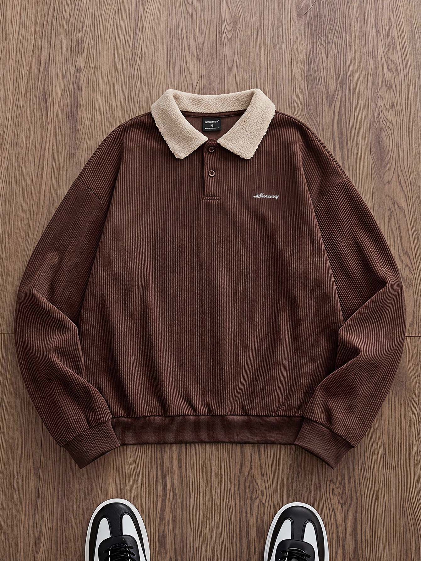 SWAVVY Men's Knit Fashion Casual Loose Long Sleeve Half-Zip Sweatshirt - Brown - View 1