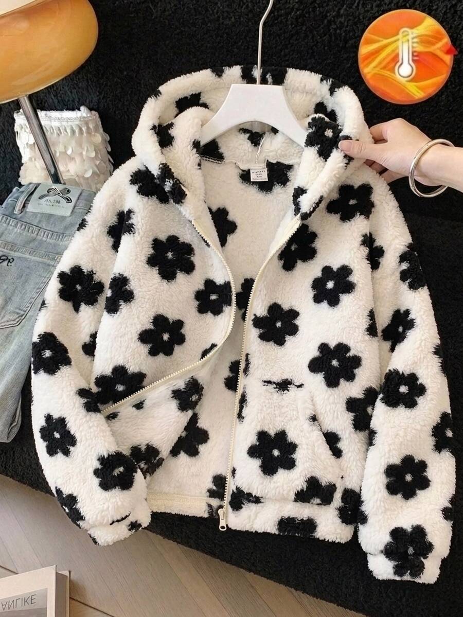 SHEIN 青少年女孩休閒白色底黑印花刷毛連帽外套，秋冬外套，返校季，學院風青少年女孩 - 黑與白 - 查看 1