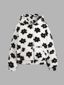 SHEIN 青少年女孩休閒白色底黑印花刷毛連帽外套，秋冬外套，返校季，學院風青少年女孩 - 黑與白 - 查看 2